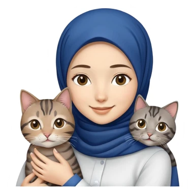 Asian white Girl wearing dark blue hijab with white shirt smiling while holding a black brown grey tabby cat sticker