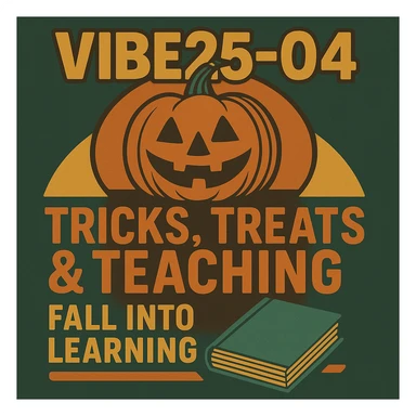 Create a logo that uses both of these images.  Words should read "VIBE25-4: Tricks, Treats & Teaching, Fall into Learning" sticker