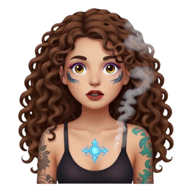woman with long curly brown hair, brown eyes, white skin, tattoos, neon fog coming from her breath sticker
