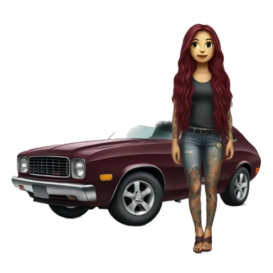 Beautiful tattooed burgundy long haired woman standing next to a car sticker