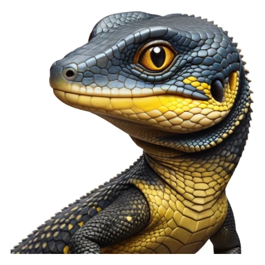 cinematic-realistic-cute-monitor-lizard-portrait-emoji,-head-tilted-playfully-and-inquisitively,-featuring-a-compact,-agile-body-with-finely-detailed,-glossy-scales-in-earthy-black and yellow-hues-and-a-distinct,-alert-face-with-bright,-curious-eyes, black , yellow spotted and green band  scales and a big long neck sticker