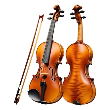 Create an elegant and detailed emoji representing a Stradivari violin. The design should showcase the finely crafted wooden body of the violin, with its smooth curves and rich, golden-brown wood finish. Highlight the intricate f-holes, fingerboard, and bridge. The bow should be placed next to the violin, with visible horsehair and a polished wooden stick. Use warm, deep wood tones for the body and subtle silver or gold accents for the fittings. Add a soft glow or light reflections to emphasize the exquisite craftsmanship and timeless beauty of the instrument. The background should be transparent. sticker