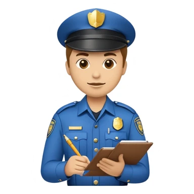 An emoji of a traffic police officer writing a ticket. The officer wears a traditional uniform with a hat and badge, holding a notepad and pen. The design is simple, cartoonish, and emoji-like, with a neutral yet authoritative expression sticker