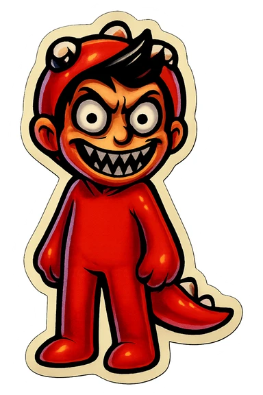 Change the red character's face to a horror/scary expression, such as wide eyes, sharp teeth, or a creepy smile. Keep the transparent background. sticker