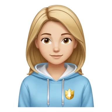 Woman with predominantly brown hair with blonde highlights, straight with side part, serene smile, dreamy eyes, wearing a light blue fantasy-sporty hoodie with golden and white details sticker