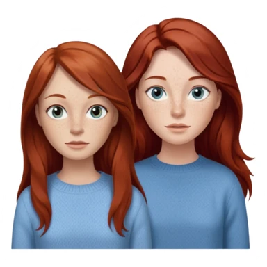 woman with long dark auburn red hair that is mostly straight but has slight waves to it. grey blue eyes. some freckles. wearing a Swedish style sweater that is neutral. the image on the right is closer sticker