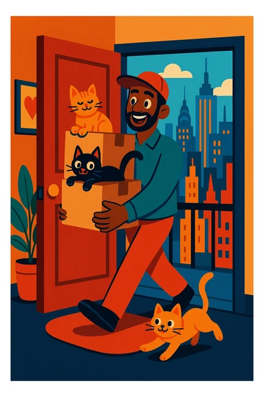 An Indian Black man carrying boxes with two cats, entering a NYC apartment, cityscape visible sticker