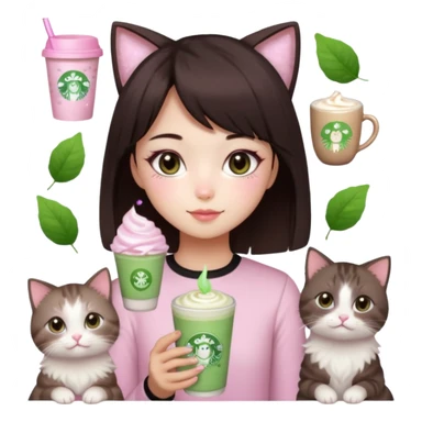 asian girl with short dark brown hair and dark brown eyes with a soft girl pink glowup aesthetic, matcha latte, 2 light brownragdoll cats, and sparkles, makeup, and money sticker