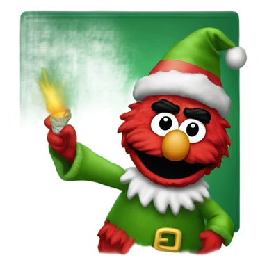 Elmo as a Christmas elf who has explosive sticker