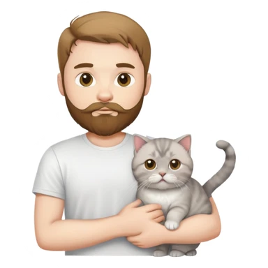 Красивый белый мужчина с бородой в белой футболке и на руках серый кот шотландец sticker