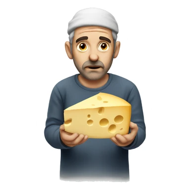 Sad Jewish man holding cheese sticker