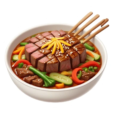 Cinematic Realistic Bulgogi Dish Emoji, featuring tender, marinated beef stir-fried with vegetables rendered with dynamic textures and mouth-watering lighting. sticker