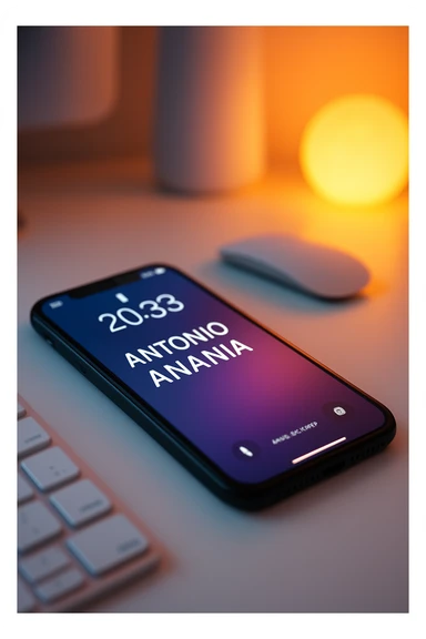 A photo of an iPhone on the desk with the message "Antonio Anania" on its screen, The phone sits atop a desk with a blurred background that suggests work environment. A faint glow from above casts gentle shadows across the surface of each object, creating depth and highlighting their textures sticker