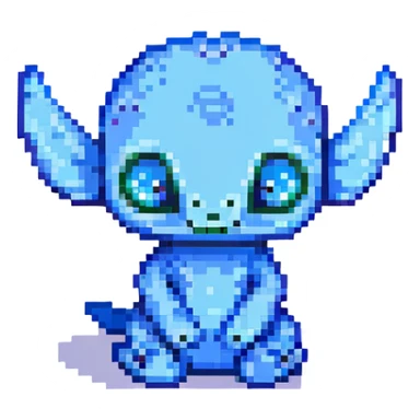 Stitch, the blue alien, sitting and looking curious, pixel art style sticker