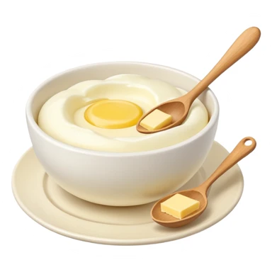 a dozen eggs, a ceramic mixing bowl with a wooden spoon and a plate of butter sticker