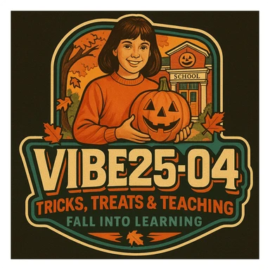 Create a logo that encompasses a retro 80's feel, nostalgic, ALSO RETRO.  Add the words "VIBE25-04: Tricks, Treats & Teaching: Fall Into Learning" sticker