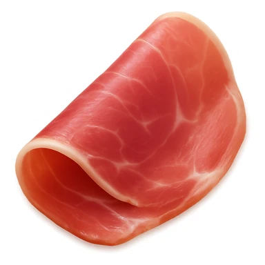 Show only one thin, delicately folded slice of dry-cured ham (jambon cru) with deep pink to reddish hue and visible streaks of white fat. Texture should be silky, slightly translucent, and marbled, with a natural fold or curl. Fat should look creamy and well integrated. Clean 3D, soft lighting, transparent background, emoji scale. sticker