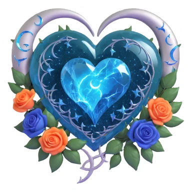 gothic heart, splintered dark teal glass, silver crescent moon, midnight blue roses, holographic stardust, neon lightning, wet look sticker