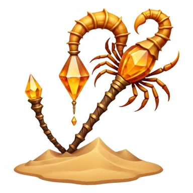 desert sand mage staff object icon, staff topped with a scorpion-shaped sand crystal, glowing amber aura, tribal desert carvings, floating sand dust, 3D cartoon, mobile game icon style, centered, clean background, no text, no watermark
 sticker