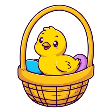 Yellow chick sitting in an Easter basket with colorful eggs sticker