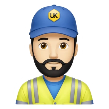 Man in yellow hi vis overalls, with black hair and full beard, wearing a blue baseball cap saying UKPN sticker