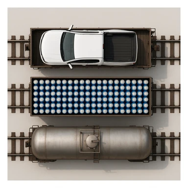 Вид строго сверху (top-down). Реалистичный грузовой поезд из трёх вагонов.
Вагон 1: внутри одна большая белая машина Chevrolet (без логотипов и без каких-либо надписей).
Вагон 2: много одинаковых банок синего цвета, похожих на напиток Pepsi, уложенных плотными рядами, но без логотипов и надписей.
Вагон 3: железнодорожная цистерна для газа, полностью реалистичная, без надписей, без маркировки, без символов.
Ничего не обрезано, весь поезд полностью помещается в кадр сверху. Чистый нейтральный фон, без окружения. Максимальная реалистичность, ровный свет. sticker