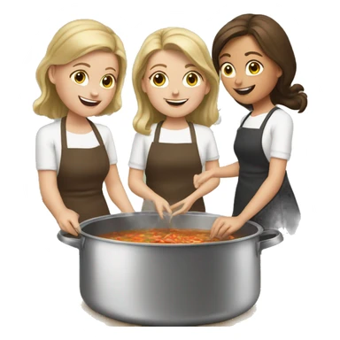3 white girls making soup in a big pot sticker