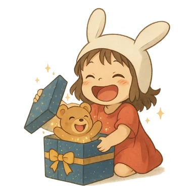 laughing chibi girl in bunny hat opening glittery gift box with laughing teddy bear inside, soft ghibli style sticker