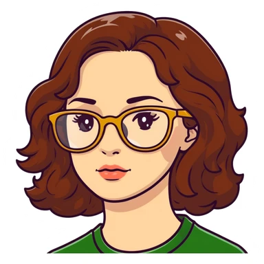 woman with pale skin, brown wavy hair, green eyes, gold glasses sticker