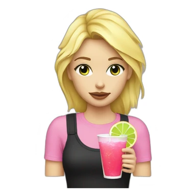 blonde girl straw drinking pink lemonade with one green lemon in the cup, with black watch black t shirt sticker