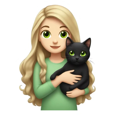 Girl with long brown hair and green eyes holding a black cat sticker