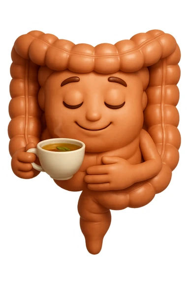 emoji stile iphone 3d di intestino umano sereno che si tocca la pancia mentre sorseggia un thè alle erbe, iperrealistico 4k sticker