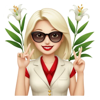Professional sexy woman smiling holding lilies posing in shades  and flashing peace sign fingers sticker