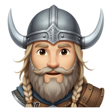 Clash of Clans aesthetic: Beautiful and Majestic Viking Portrait Emoji, Rendered in serene confidence with a gentle, enigmatic smile and a refined, weathered Viking helmet, showcasing a noble, sturdy build with long braided hair and a dignified beard, his face in natural skin tone, Simplified yet exquisitely endearing features, highly detailed, glowing with a soft, majestic Nordic light, high shine, calm and heroic, stylized with an air of timeless Norse elegance, soft glowing outline, capturing the essence of a majestic Viking whose noble spirit inspires epic quests! sticker