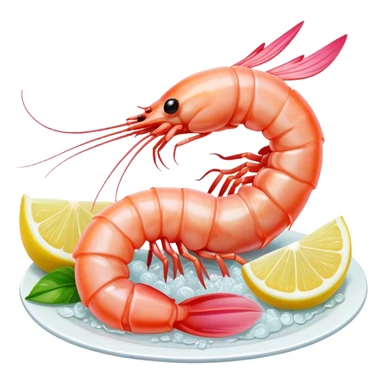 Cinematic glistening shrimp, pink and juicy, slightly curled with a light char, served with lemon wedges, ultra-detailed and fresh, warm glowing background. sticker