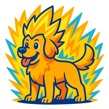 cartoon golden retriever with spiky glowing hair and a super saiyan energy aura, vibrant colors sticker
