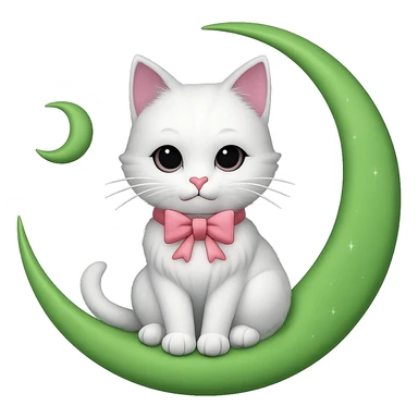 Change the crescent moon to green, keep the white cat with pink bow, in emoji style with no background. sticker