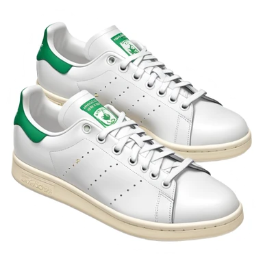 A pair of white Adidas Stan Smith sneakers arranged with one shoe behind the other, white leather with green heel tabs, classic design, both shoes visible sticker