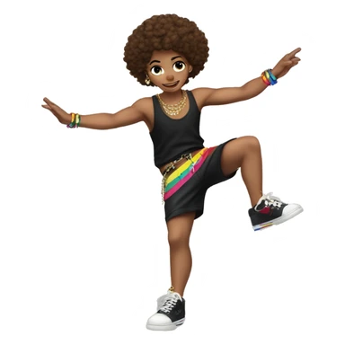 Spinning break dancer, short fuzzy brown hair, white skin, black singlet, rainbow coloured shorts, black shoes, gold chain, earings sticker