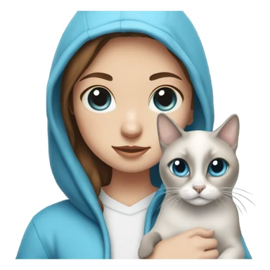 girl with brown hair and freckles, wearing a hoodie, holding a Siamese cat that is white and gray and the cat has blue eyes  sticker