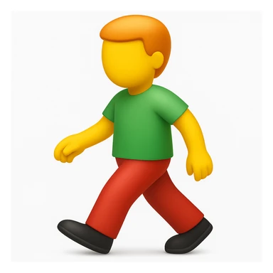 Make a more emoji-like image that looks exactly like the reference: walking man, no face, orange hair, green shirt, moderate red pants, black shoes, 3D iOS emoji style. Add a slight shadow under the feet. sticker