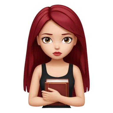 a pretty bratz fair girl with dark red straight hair, black cami top, looking sad holding books sticker
