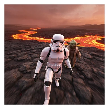Camera POV, Starwars stormtroopers vlogging selfie, he is walking on lava planet with yoda sticker