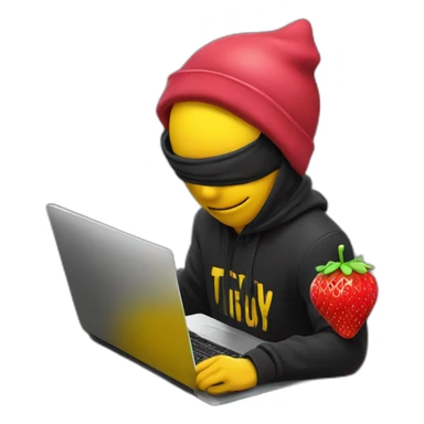 a guy with a strawberry head wearing a thief's outfit, he's in front of a laptop with a mask over his eyes and a thief's cap, on his back he has a yellow thug bag with a dollard sign on it. sticker