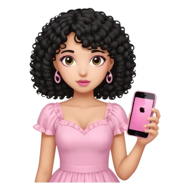 uma menina fofa de pele oliva e cabelos pretos encaracolados e com franja encaracolada e um vestido rosa pastel detalhado e maquiagem levemente rosada enquanto segura um iphone rosa sticker
