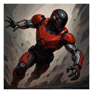 Scarlet Duke from the future, robotic arm, sleek helmet, red and black armor, dynamic action pose sticker