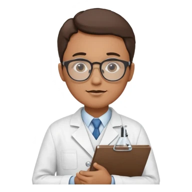scientist with glasses and lab coat holding a clipboard or study, stylized sticker