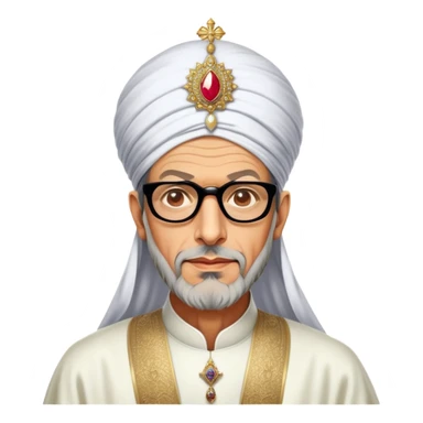 Jeff Goldblum no glasses as a regal portrait dressed as suleiman-the-magnificent,-depicted-as-a-regal-ottoman-sultan-adorned-with-a-large,-white,-round,-tall-turban-and-a-majestic-grey-beard,-his-commanding-gaze-bathed-in-warm,-historic-lighting-that-exudes-time with a large long beard **no glasses** sticker