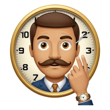 a watch person, a wrist watch with a face (eyes and mouth) in it and the clock hand are positioned to look like a moustache sticker