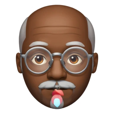 African american male, bald, gray beard. Round face, glasses sticker